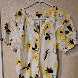 Ann Taylor White Blouse with Yellow and Black Floral Design